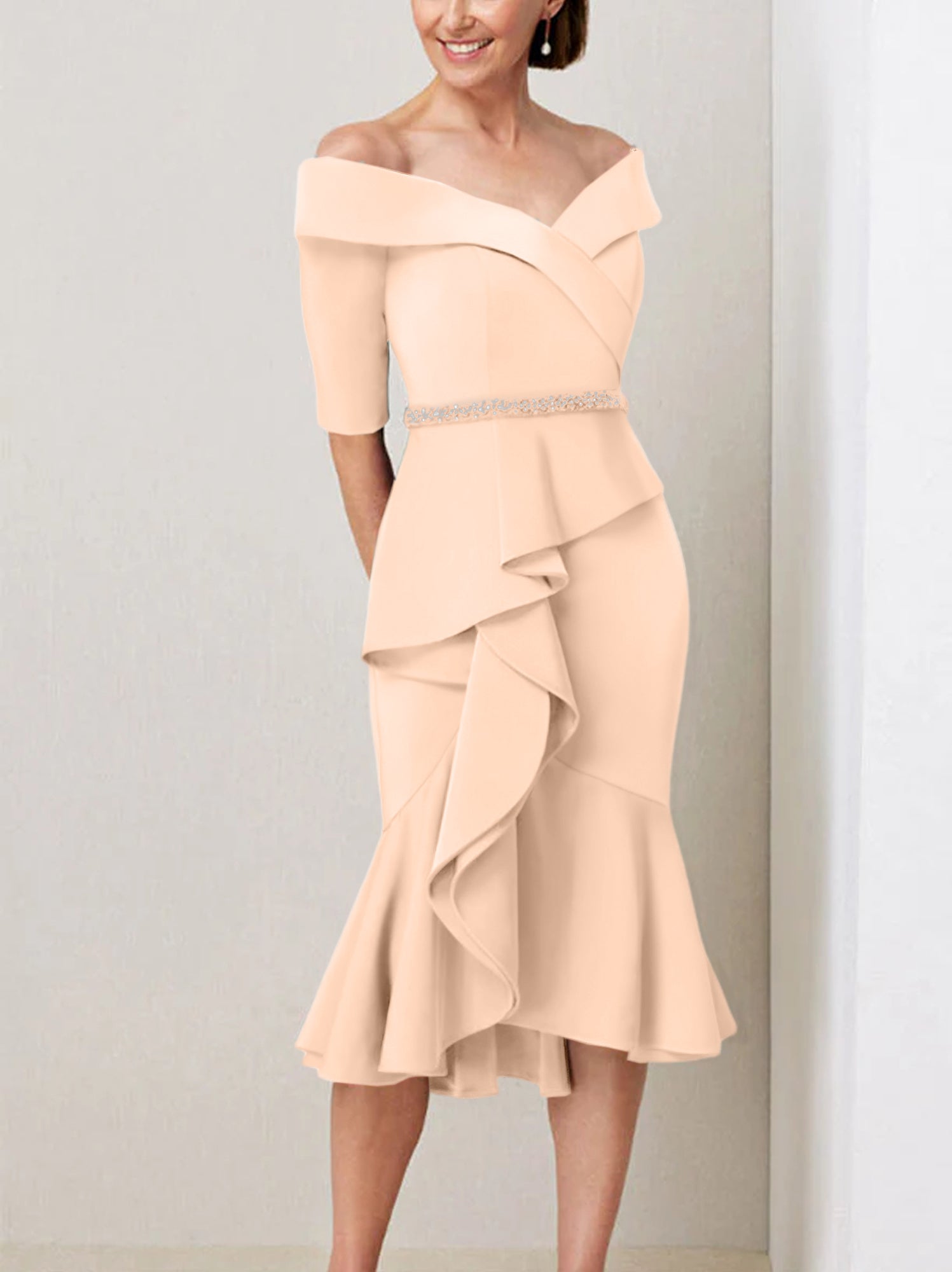 Off the Shoulder Beaded and Ruffled Mother of the Bride Sheath Dress with Half Sleeves