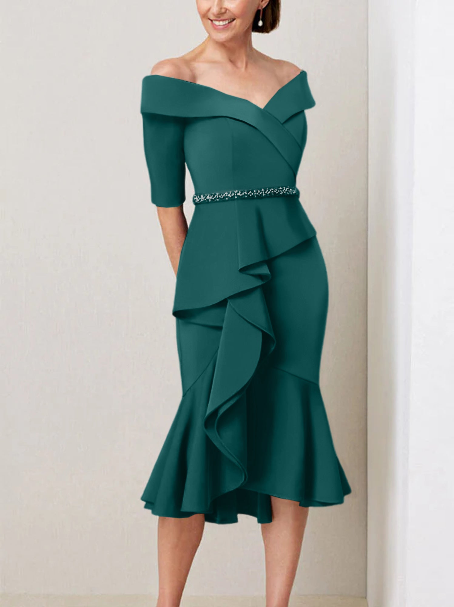 Off the Shoulder Beaded and Ruffled Mother of the Bride Sheath Dress with Half Sleeves