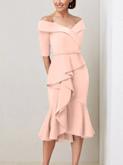 Off the Shoulder Beaded and Ruffled Mother of the Bride Sheath Dress with Half Sleeves