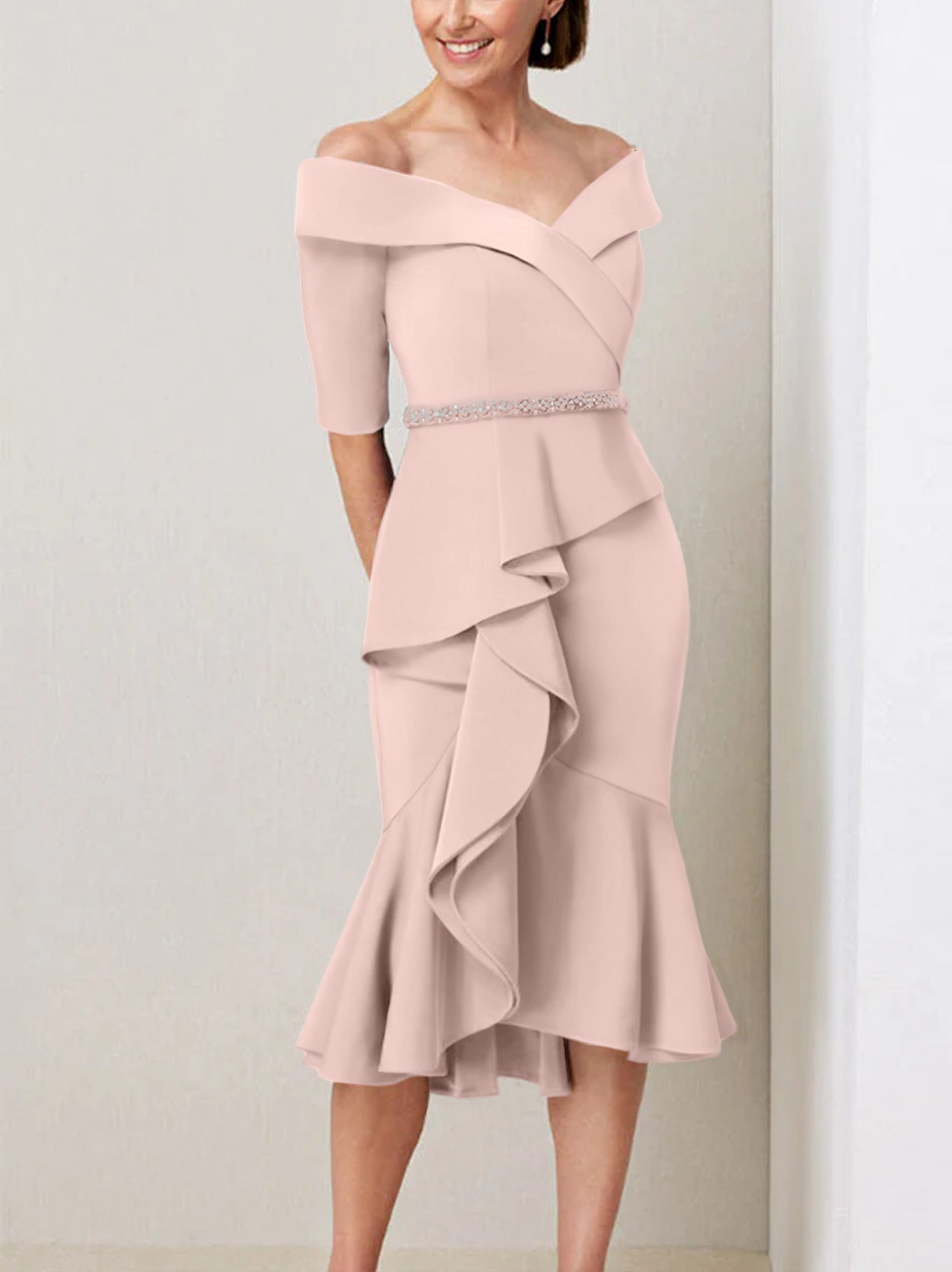 Off the Shoulder Beaded and Ruffled Mother of the Bride Sheath Dress with Half Sleeves