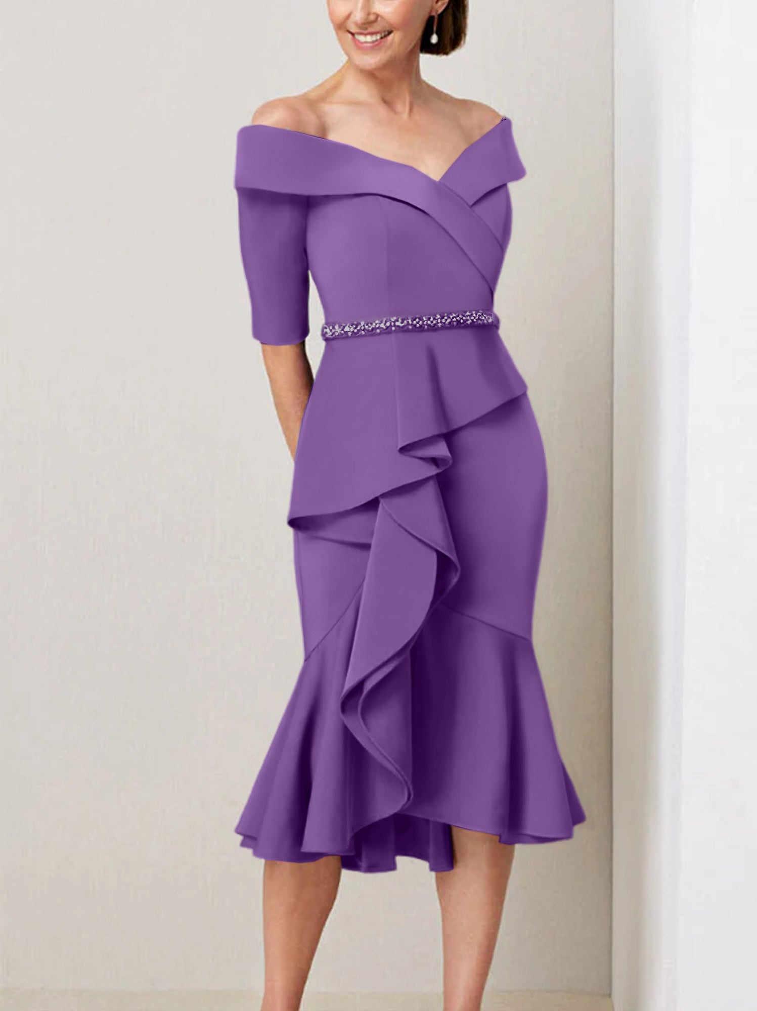 Off the Shoulder Beaded and Ruffled Mother of the Bride Sheath Dress with Half Sleeves