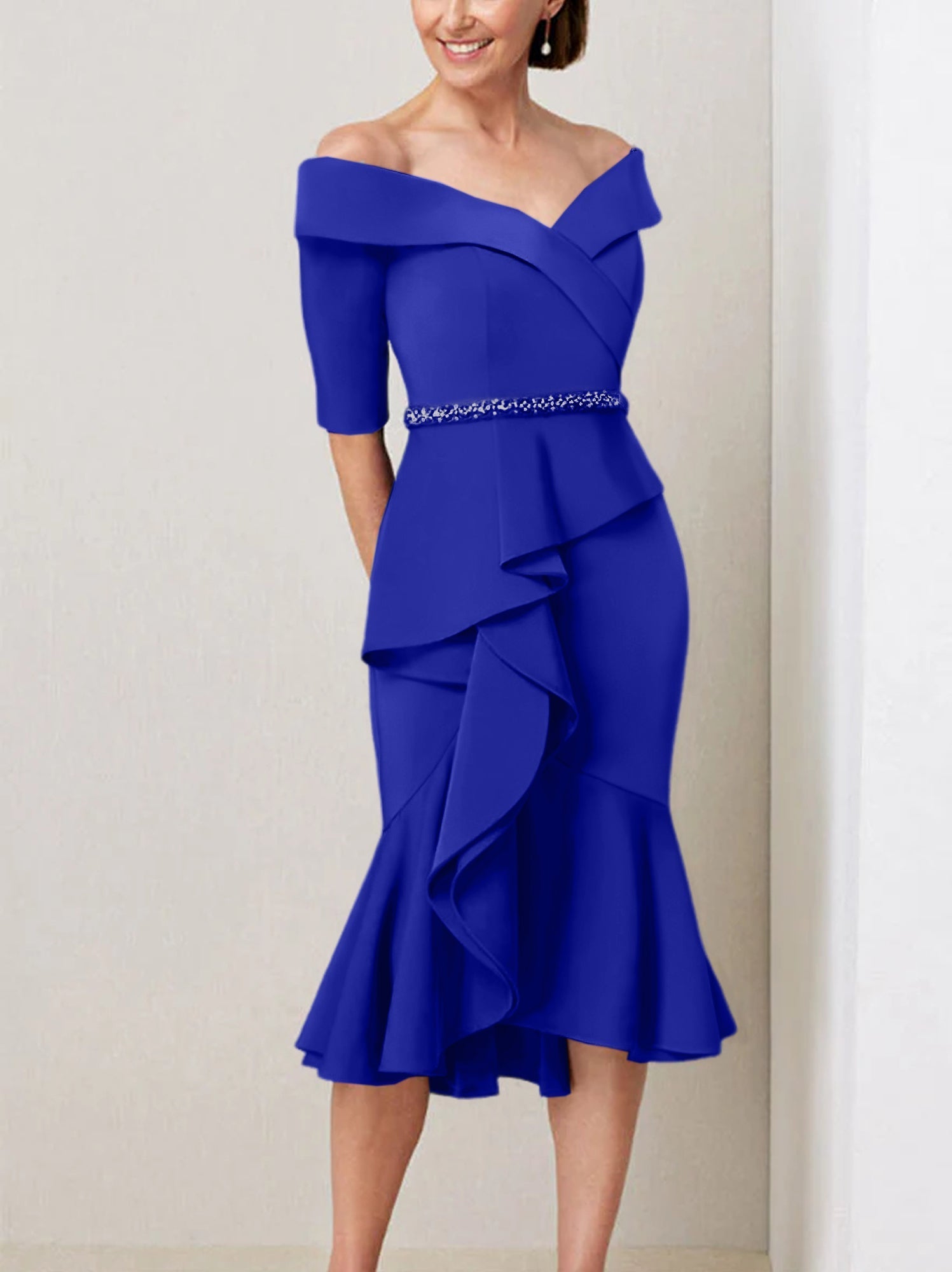 Off the Shoulder Beaded and Ruffled Mother of the Bride Sheath Dress with Half Sleeves