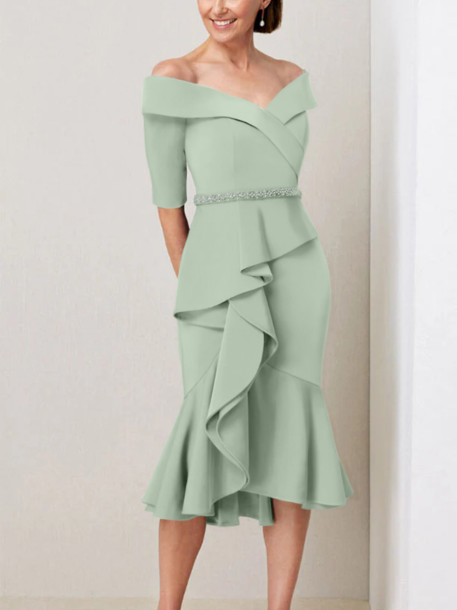Off the Shoulder Beaded and Ruffled Mother of the Bride Sheath Dress with Half Sleeves