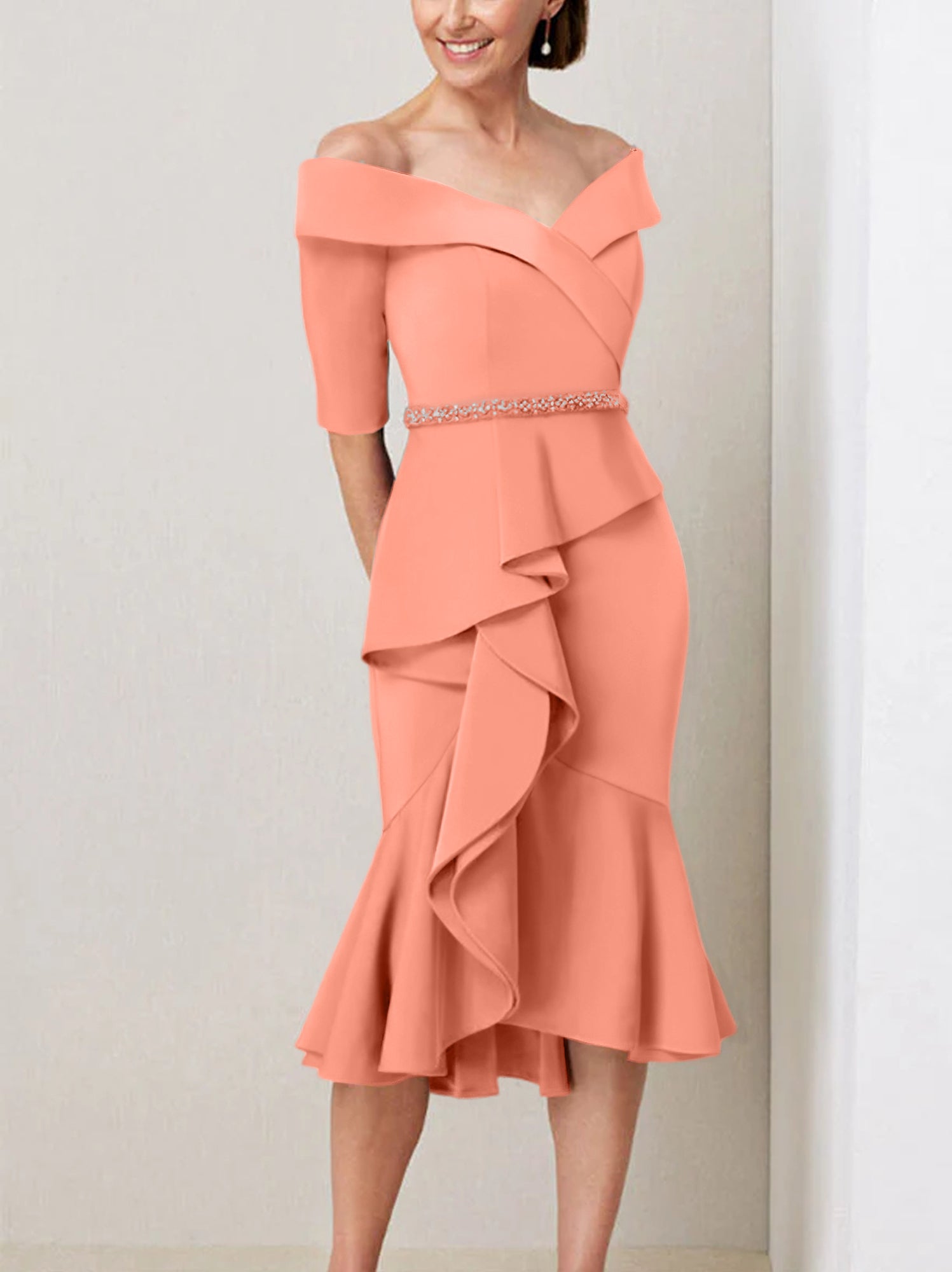 Off the Shoulder Beaded and Ruffled Mother of the Bride Sheath Dress with Half Sleeves