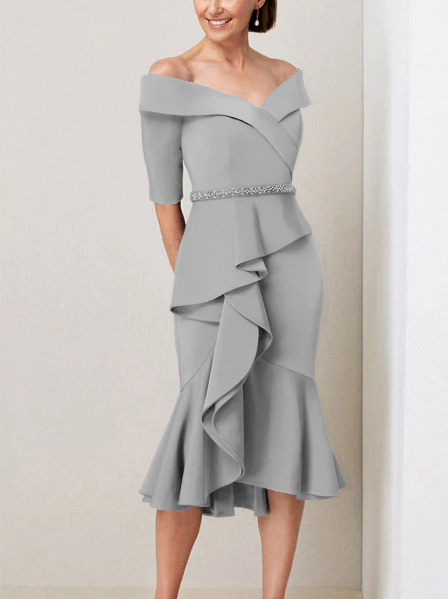 Off the Shoulder Beaded and Ruffled Mother of the Bride Sheath Dress with Half Sleeves