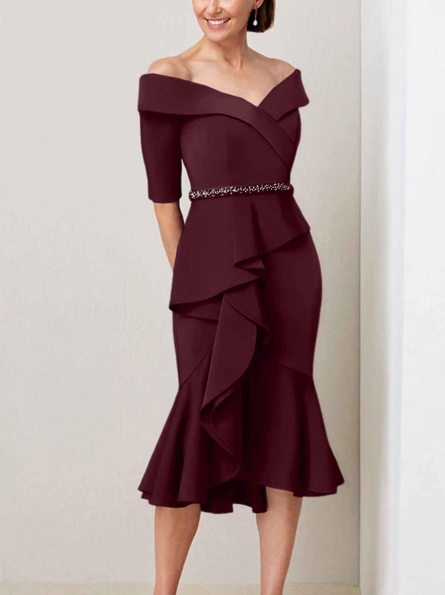 Off the Shoulder Beaded and Ruffled Mother of the Bride Sheath Dress with Half Sleeves