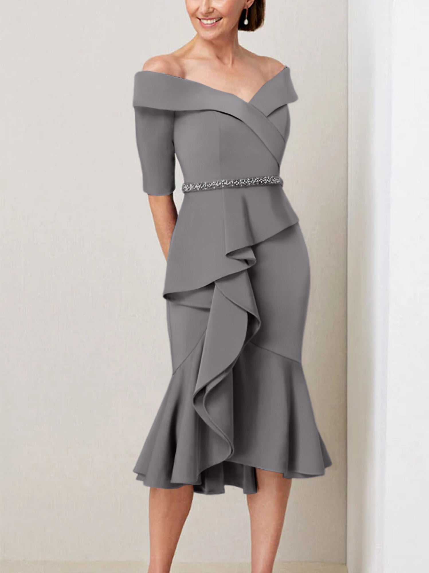 Off the Shoulder Beaded and Ruffled Mother of the Bride Sheath Dress with Half Sleeves