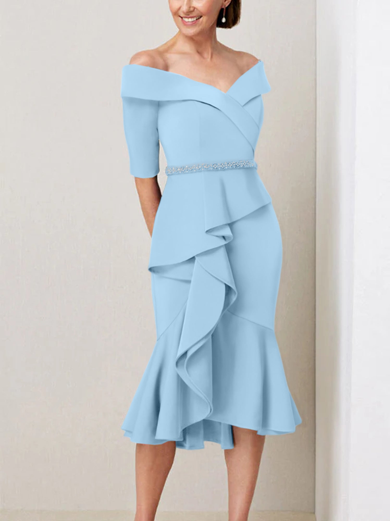 Off the Shoulder Beaded and Ruffled Mother of the Bride Sheath Dress with Half Sleeves
