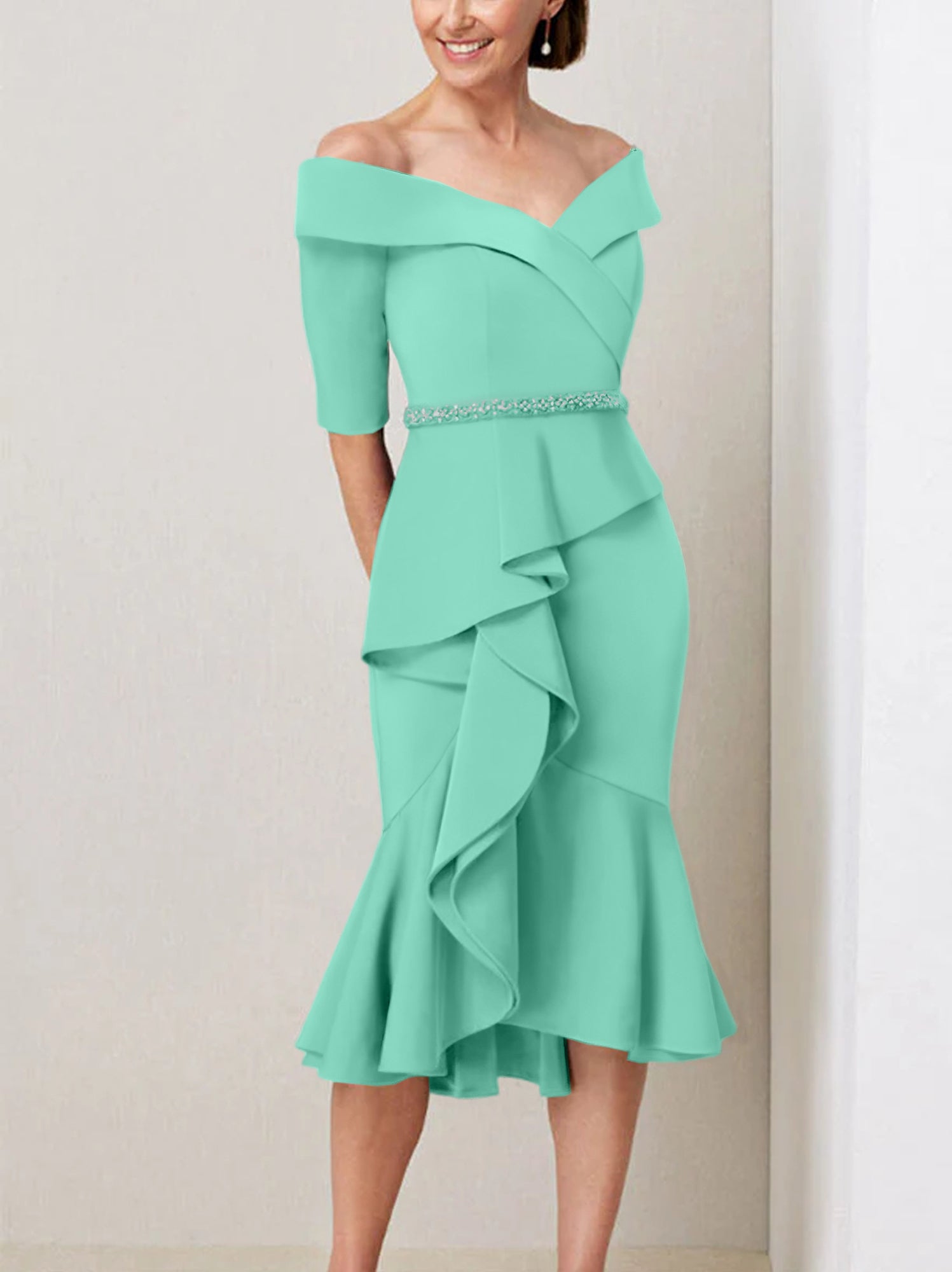 Off the Shoulder Beaded and Ruffled Mother of the Bride Sheath Dress with Half Sleeves