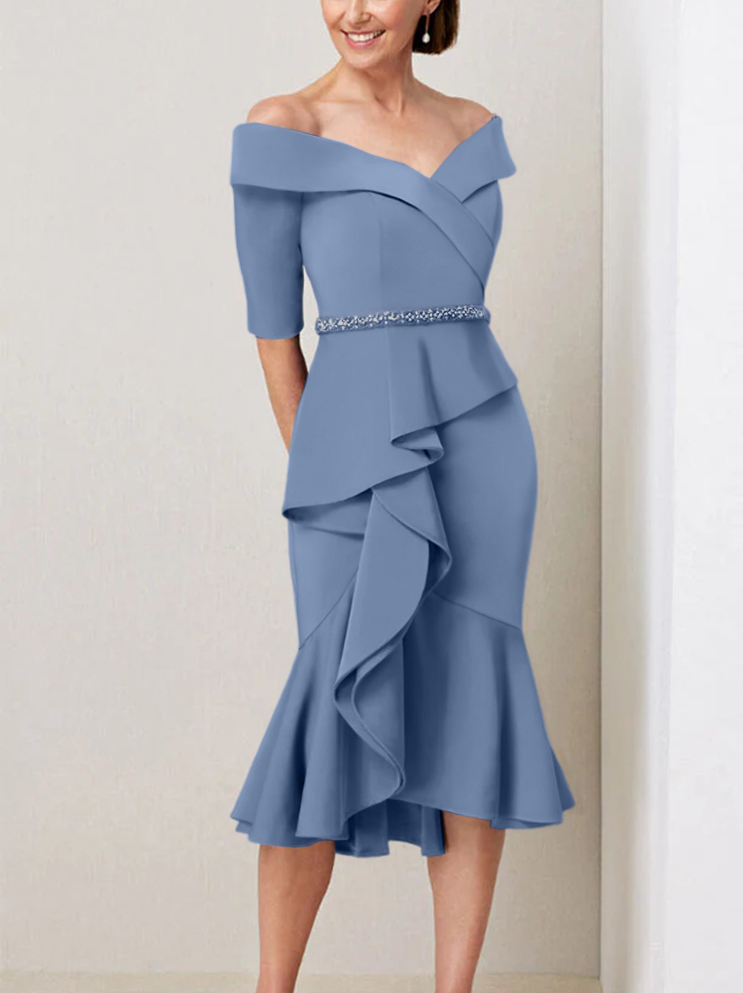 Off the Shoulder Beaded and Ruffled Mother of the Bride Sheath Dress with Half Sleeves