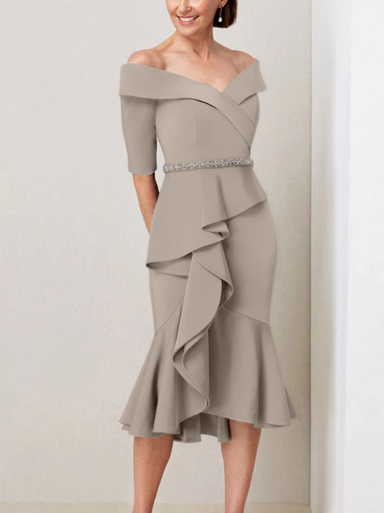 Off the Shoulder Beaded and Ruffled Mother of the Bride Sheath Dress with Half Sleeves