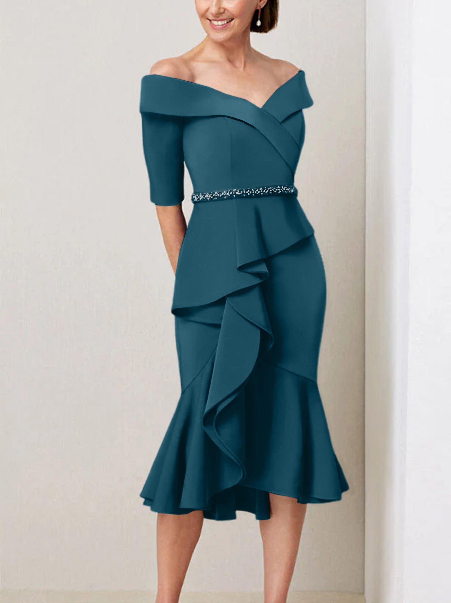 Off the Shoulder Beaded and Ruffled Mother of the Bride Sheath Dress with Half Sleeves