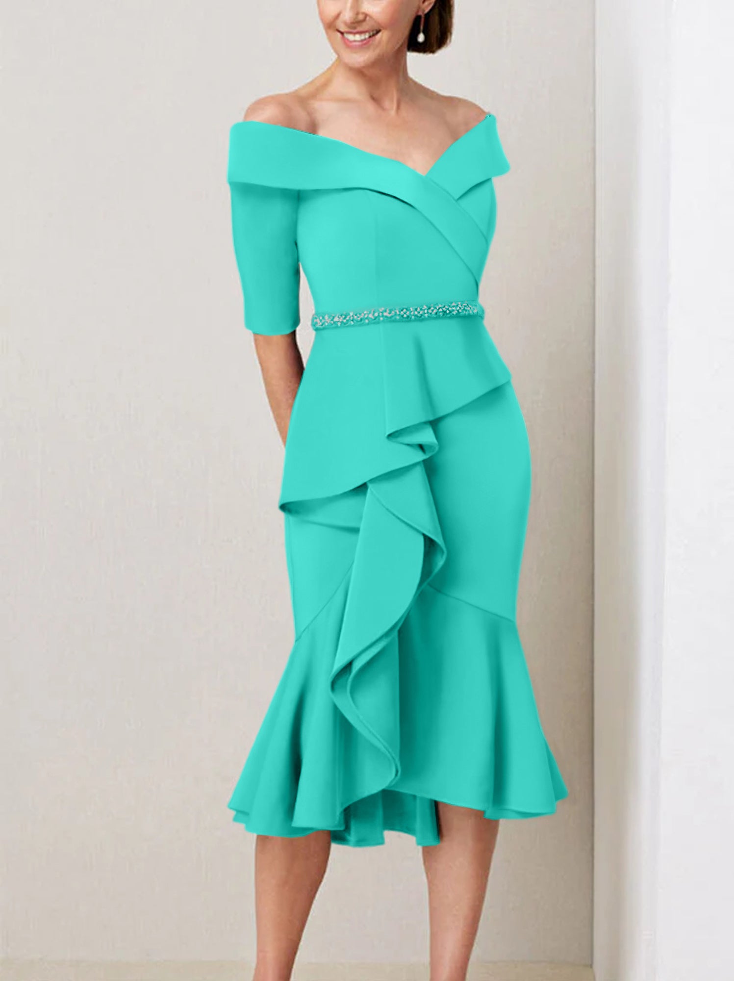 Off the Shoulder Beaded and Ruffled Mother of the Bride Sheath Dress with Half Sleeves