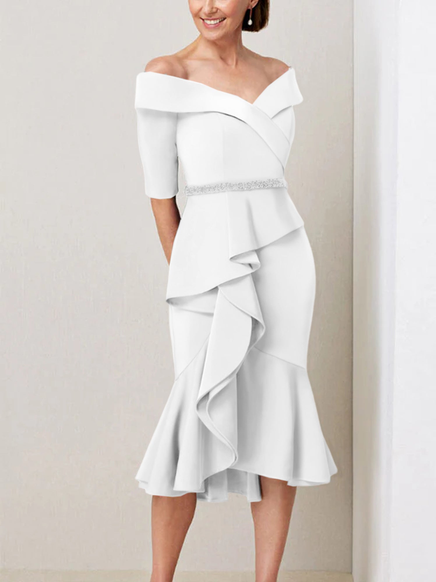 Off the Shoulder Beaded and Ruffled Mother of the Bride Sheath Dress with Half Sleeves
