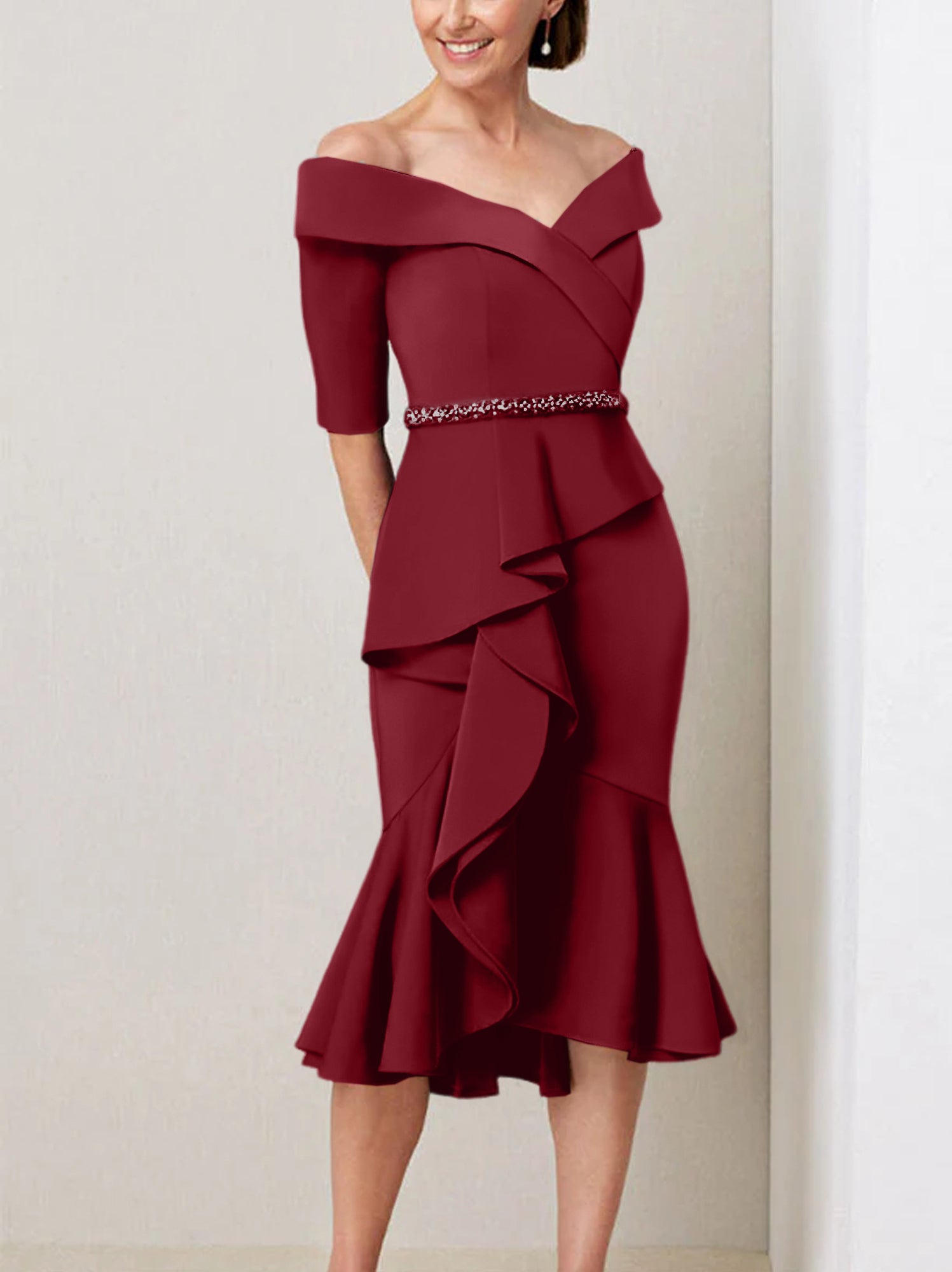 Off the Shoulder Beaded and Ruffled Mother of the Bride Sheath Dress with Half Sleeves