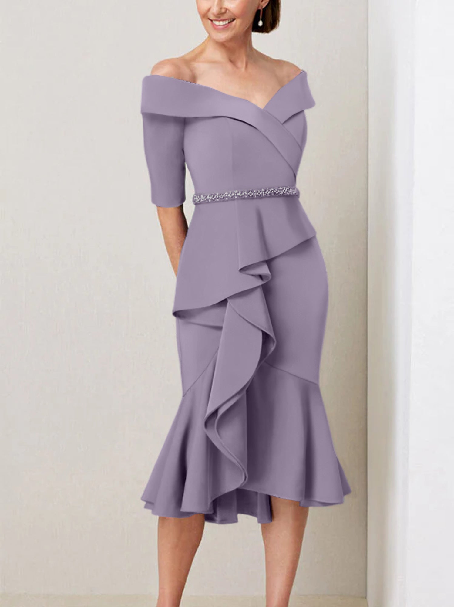 Off the Shoulder Beaded and Ruffled Mother of the Bride Sheath Dress with Half Sleeves