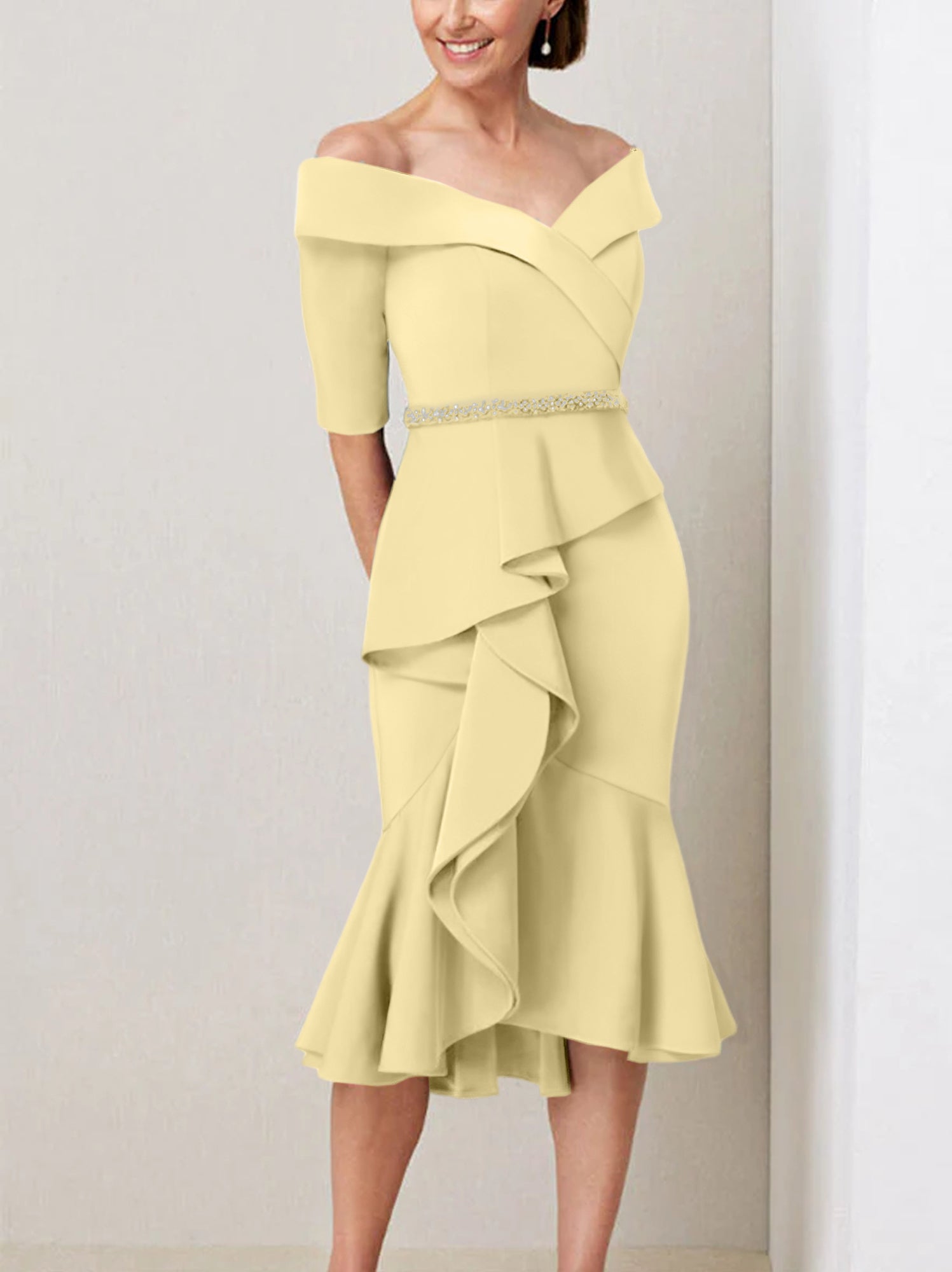 Off the Shoulder Beaded and Ruffled Mother of the Bride Sheath Dress with Half Sleeves