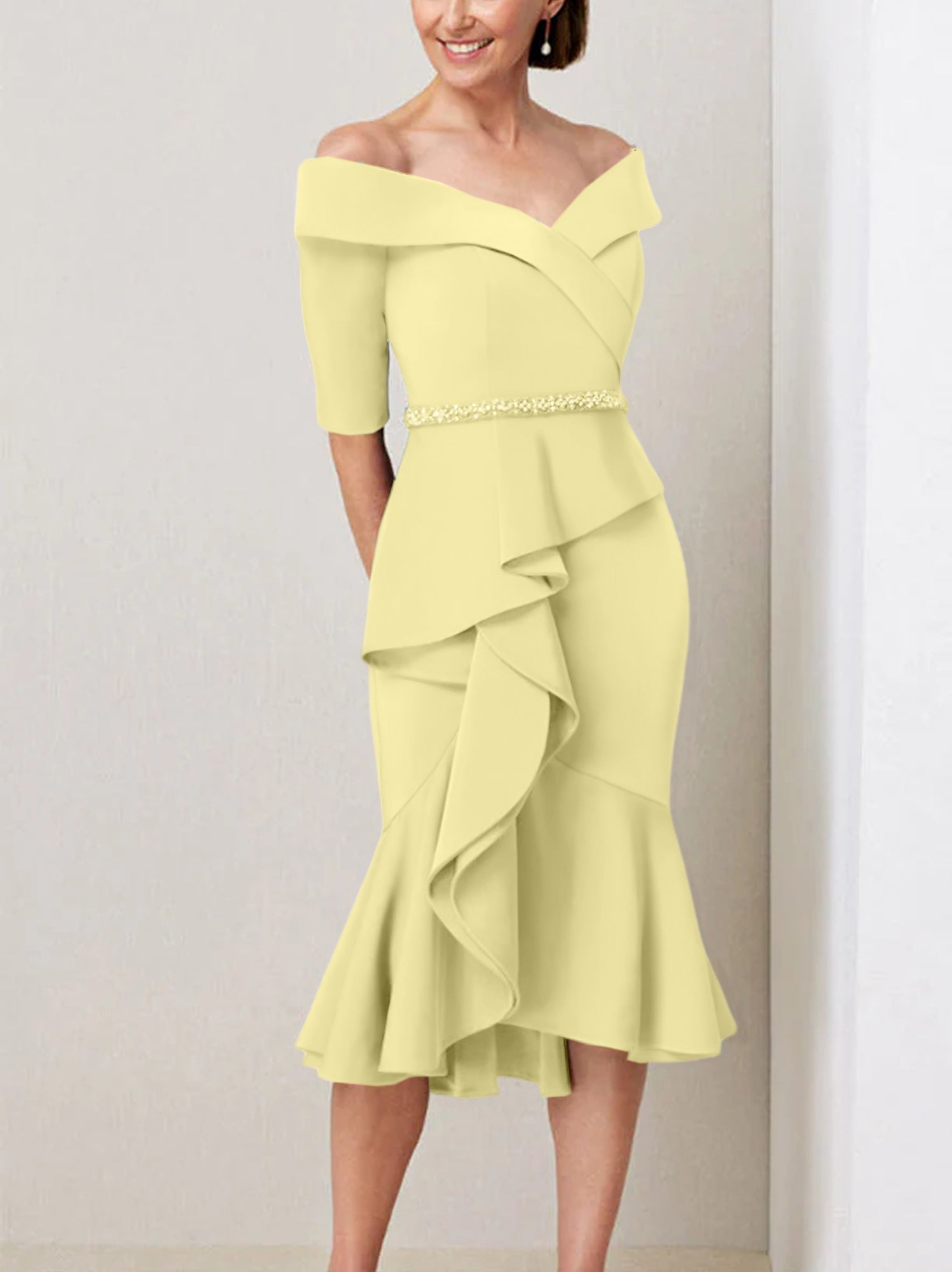 Off the Shoulder Beaded and Ruffled Mother of the Bride Sheath Dress with Half Sleeves
