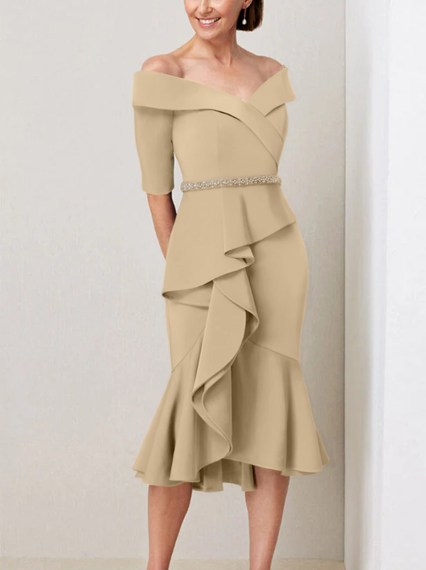 Off the Shoulder Beaded and Ruffled Mother of the Bride Sheath Dress with Half Sleeves