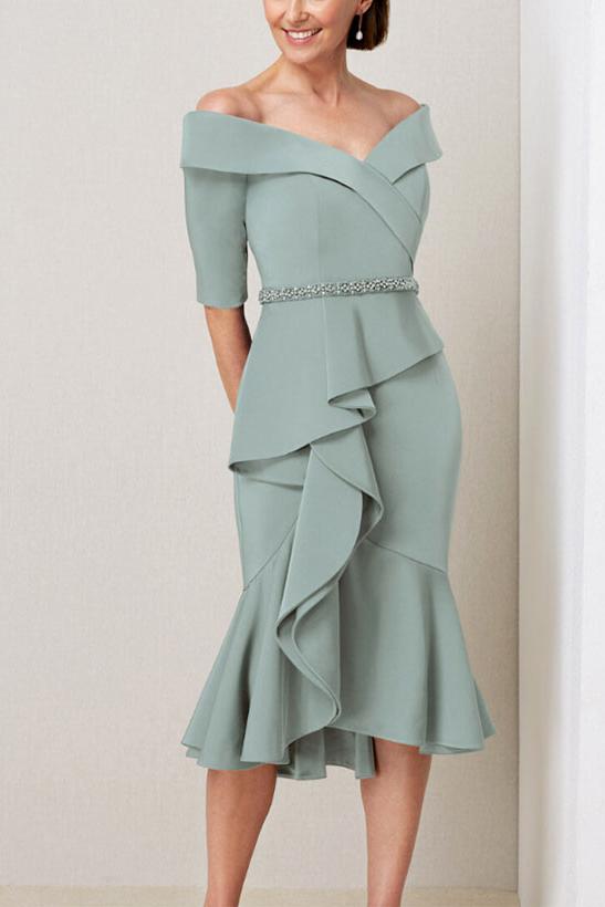 Off the Shoulder Beaded and Ruffled Mother of the Bride Sheath Dress with Half Sleeves
