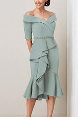 Off the Shoulder Beaded and Ruffled Mother of the Bride Sheath Dress with Half Sleeves