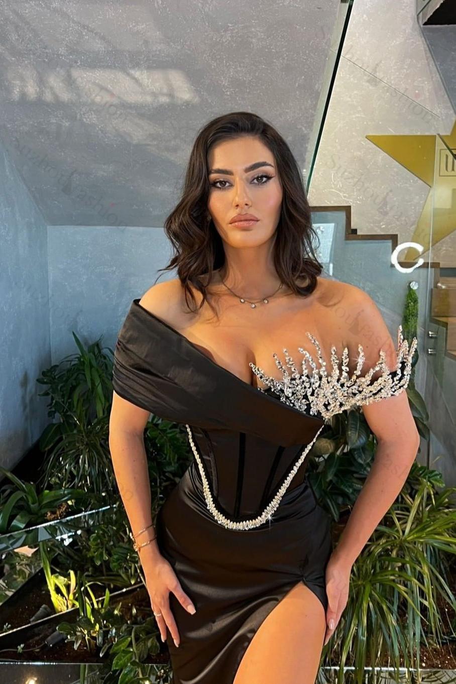 Off the Shoulder Black Prom Dress Mermaid Evening Formal Dress Unique Beaded With Split