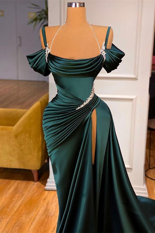 Off-the-Shoulder Dark Green Slit Prom Dress Long Mermaid Party Gowns