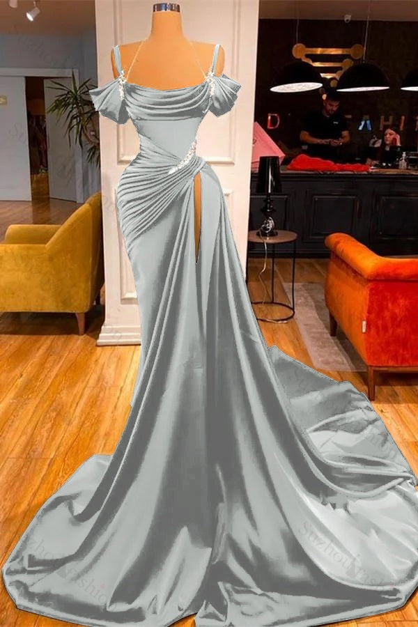 Off-the-Shoulder Dark Green Slit Prom Dress Long Mermaid Party Gowns