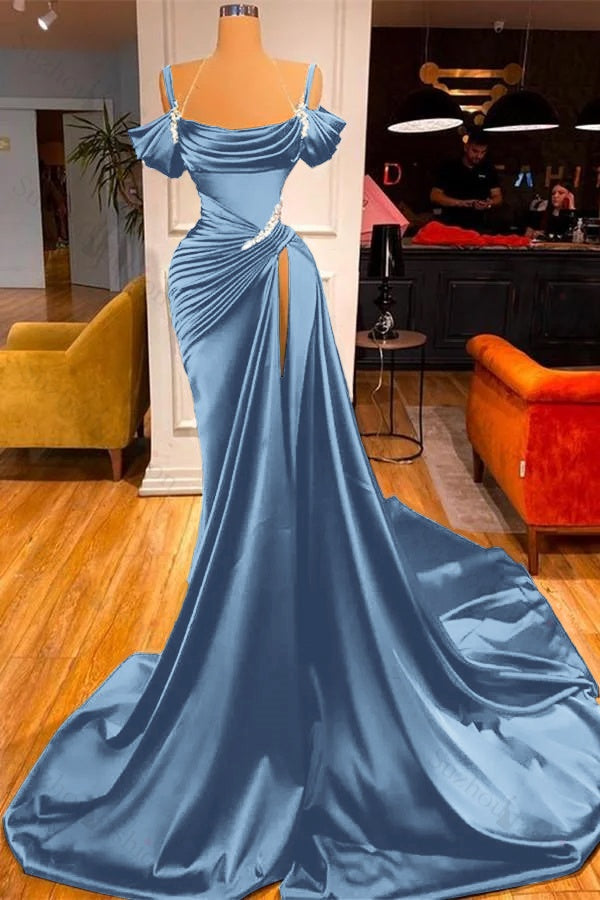 Off-the-Shoulder Dark Green Slit Prom Dress Long Mermaid Party Gowns