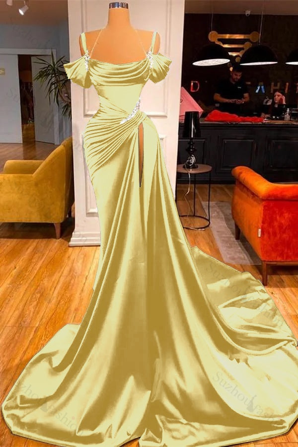 Off-the-Shoulder Dark Green Slit Prom Dress Long Mermaid Party Gowns