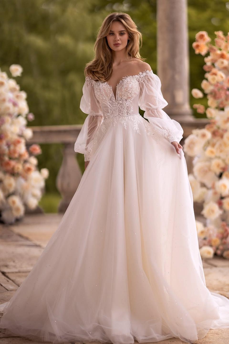 Off the Shoulder Long Sleeve Wedding Dress A Line Bridal Gown With Appliques