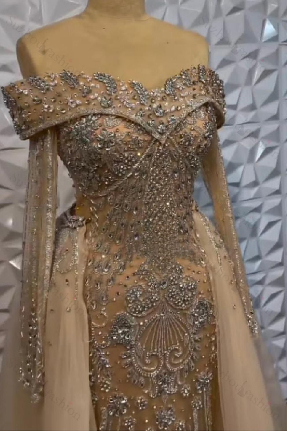 Off the Shoulder Long Sleeves Long Evening Formal Dress With Beading Tulle