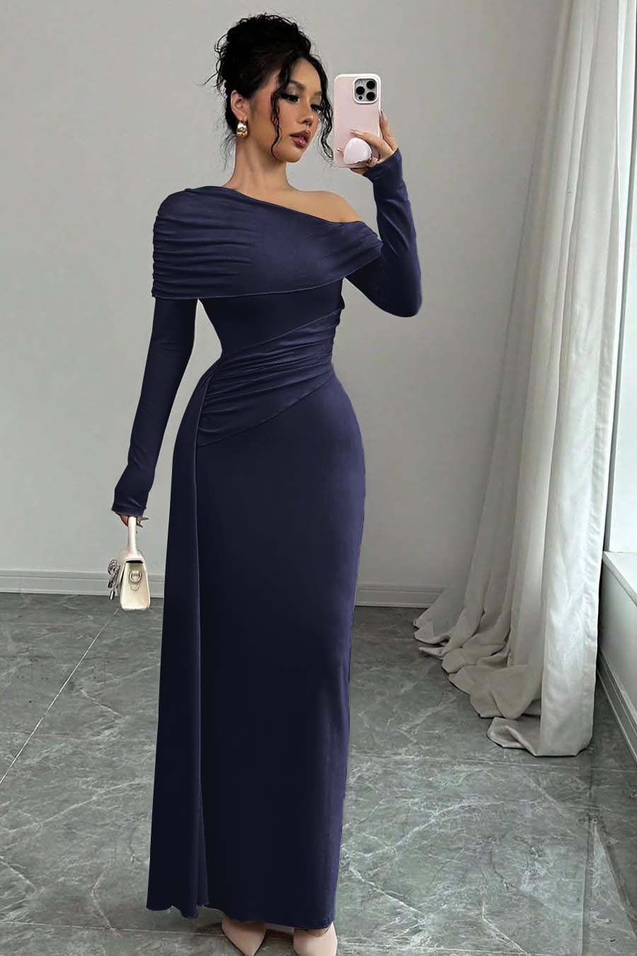 Off the Shoulder Long Sleeves Long Mermaid Evening Formal Dress With Ruffled