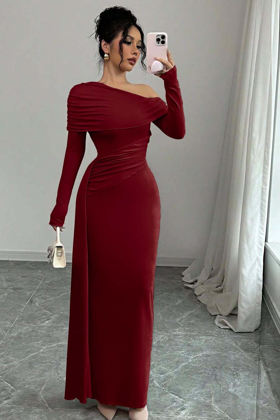 Off the Shoulder Long Sleeves Long Mermaid Evening Formal Dress With Ruffled