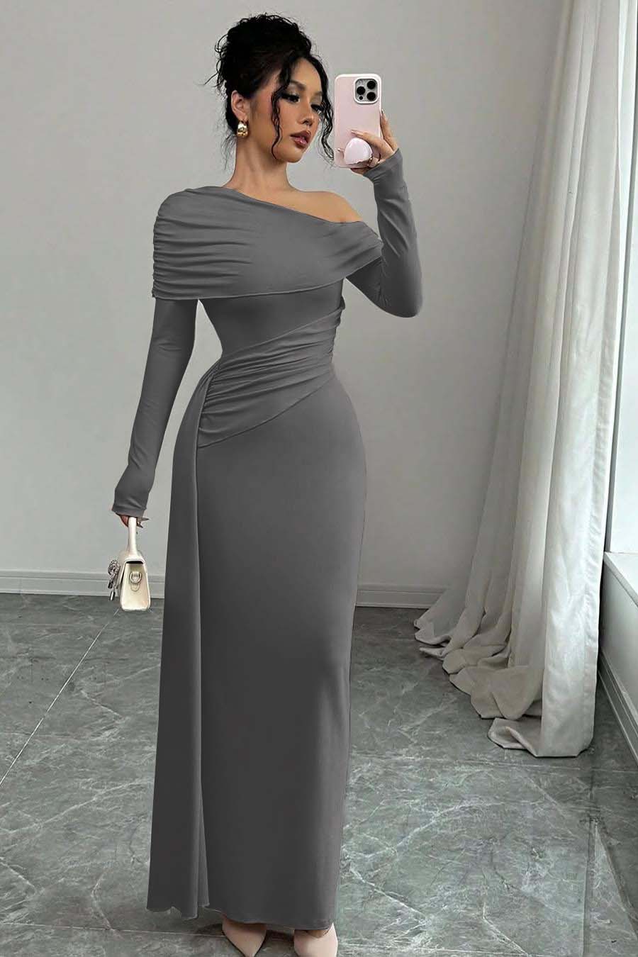 Off the Shoulder Long Sleeves Long Mermaid Evening Formal Dress With Ruffled
