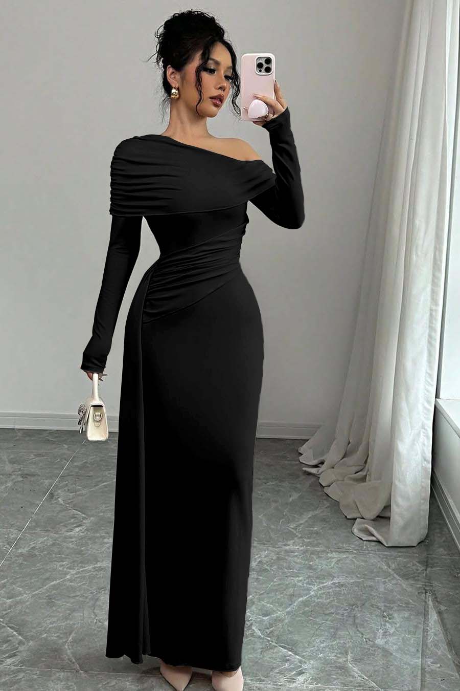 Off the Shoulder Long Sleeves Long Mermaid Evening Formal Dress With Ruffled