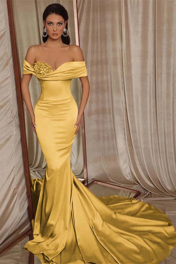 Off-the-Shoulder Mermaid Prom Dress Ruffles Crystals Slim Evening Gown