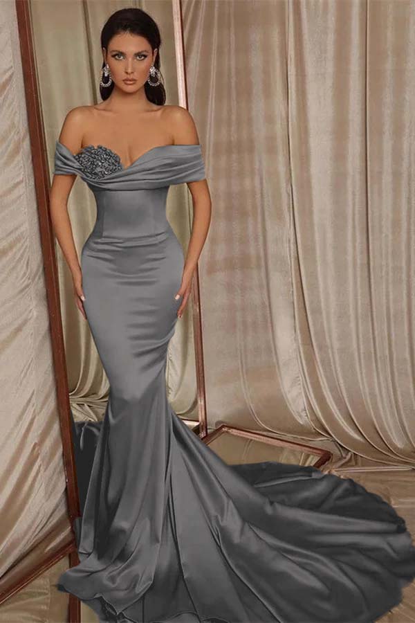 Off-the-Shoulder Mermaid Prom Dress Ruffles Crystals Slim Evening Gown