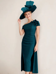 Off the Shoulder Pleated Tea Length Mother of the Bride Dress with 3D Flower in Sheath Column Style