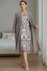 Off the Shoulder Plus Size Mother of the Bride Dress with 3/4 Sleeves and Jacket Knee Length Sheath Column Style