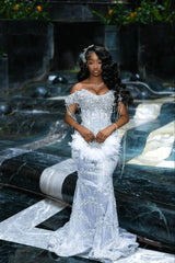 Off the Shoulder Prom Dress Mermaid Formal Evening Dress with Beadings and Rhinestones