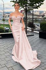 Off the Shoulder Prom Dress Mermaid Sleeveless White Prom Dress Pleated Evening Formal Dress With Ruffled