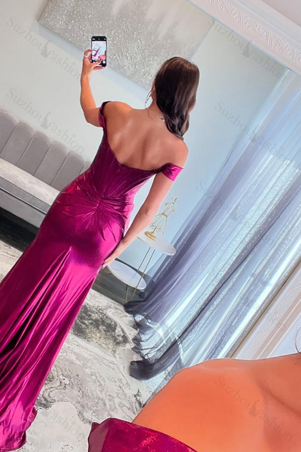 metallic mermaid prom dresses Mermaid Off the Shoulder Purple Metallic Long Prom Dress Purple / 2