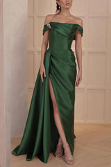 Off the Shoulder Satin A Line Mother of the Bride Dress with Side Split