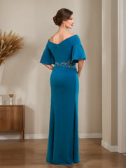 Off the Shoulder Sheath Column Dress for Mothers of the Bride & Groom with Appliques and Side Split