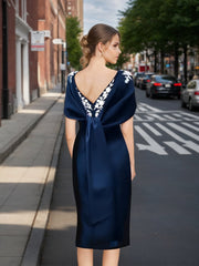 Off the Shoulder Short Sleeve Sheath Column Tea Length Mother of the Bride Dress with Appliques Embroidery Bowknot & Pearls