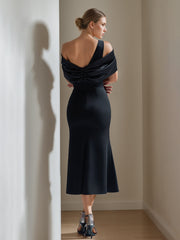 Off the Shoulder Short Sleeve Tea Length Mother of the Bride Sheath Dress