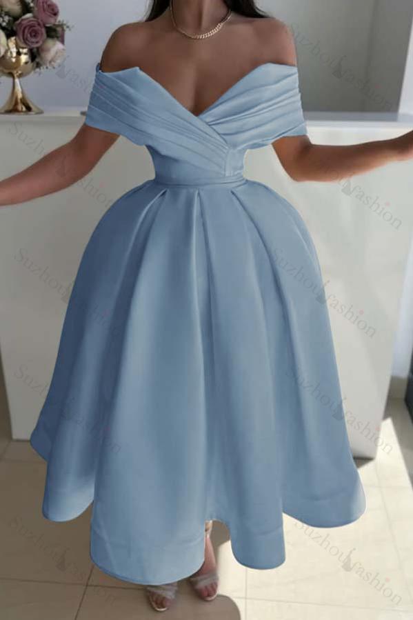 Off the Shoulder Sleeveless A Line Evening Formal Dress With Pleated