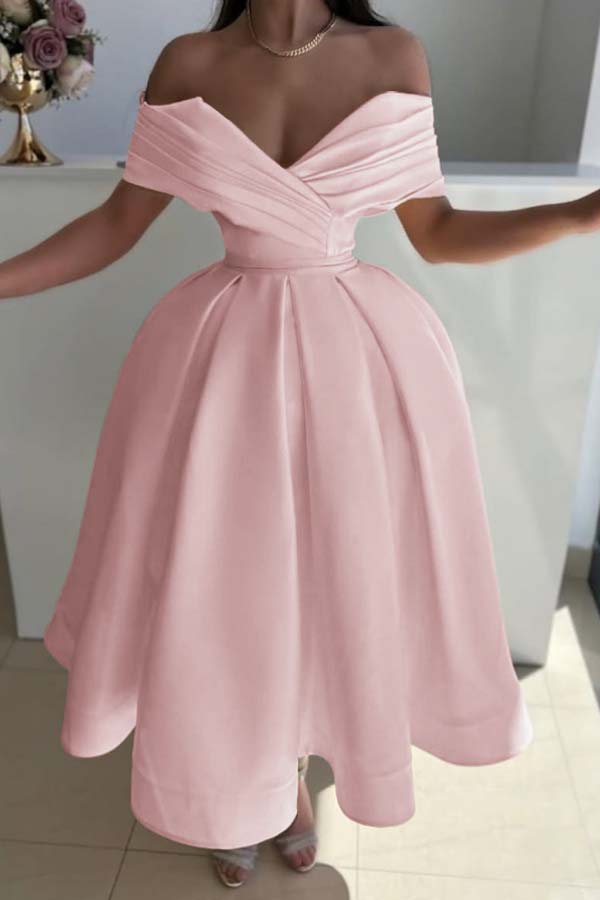 Off the Shoulder Sleeveless A Line Evening Formal Dress With Pleated