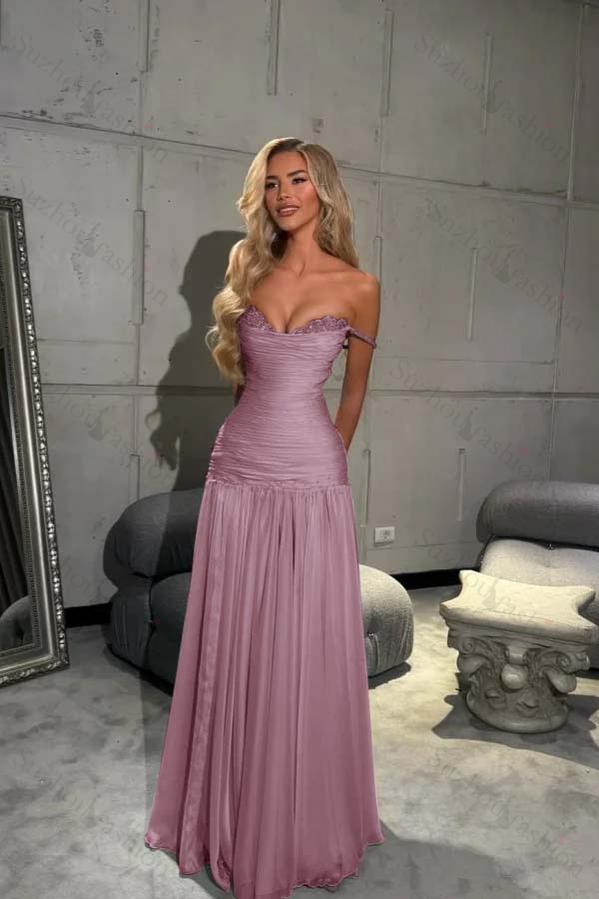 Off the Shoulder Sleeveless Long Evening Formal Dress With Pleated Sequined
